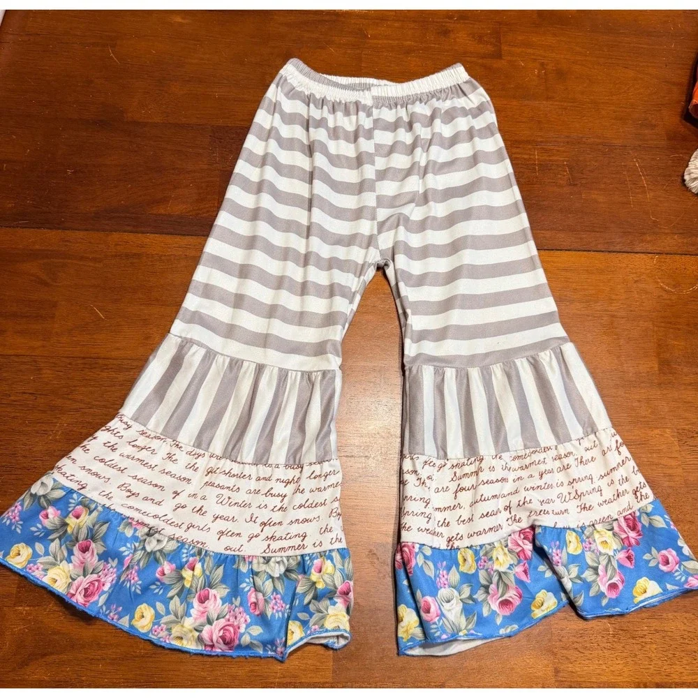 Adorable Sweetness Girls Pant Set 4 Blue Floral Lace Ruffle Script Outfit